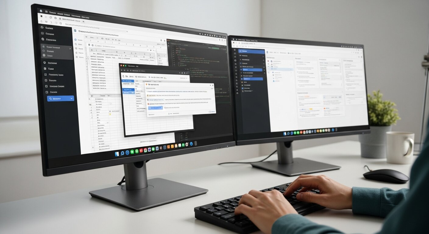 Professional using advanced text expansion across multiple apps on dual monitors.