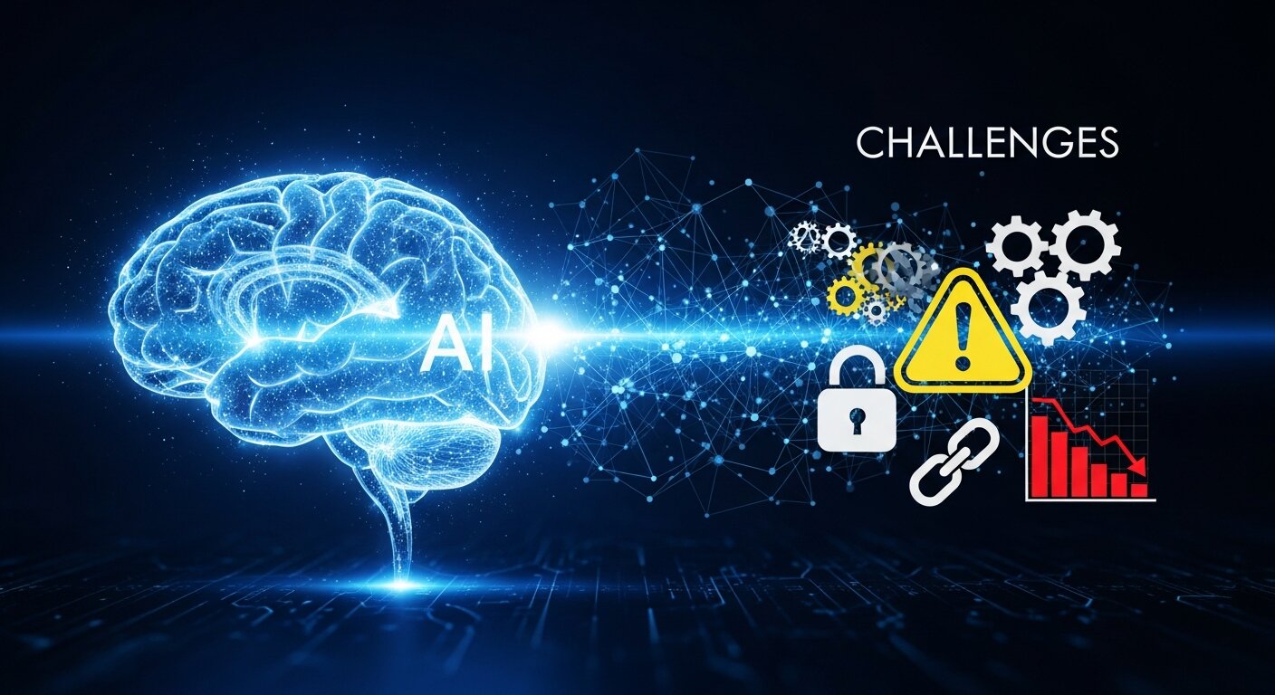 AI brain with symbols of benefits and challenges.