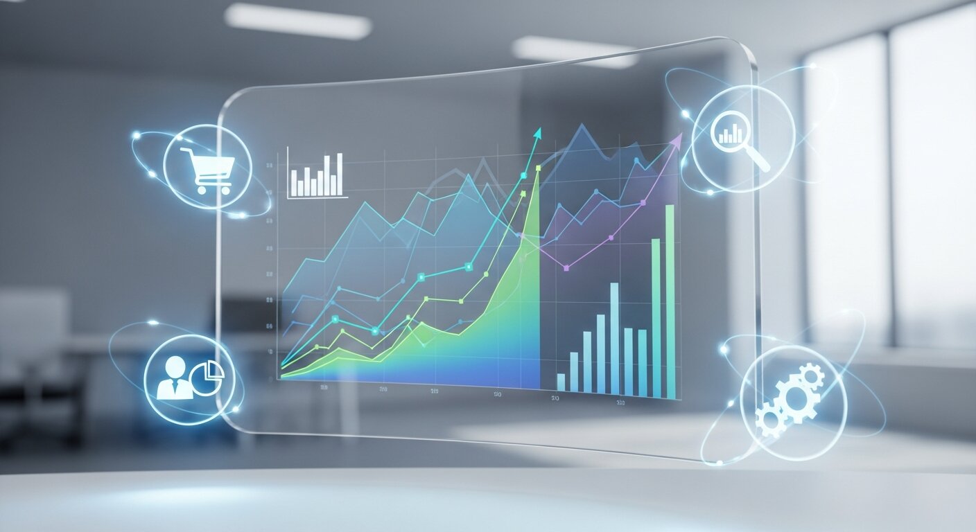 Data management driving e-commerce growth with charts and analytics icons.