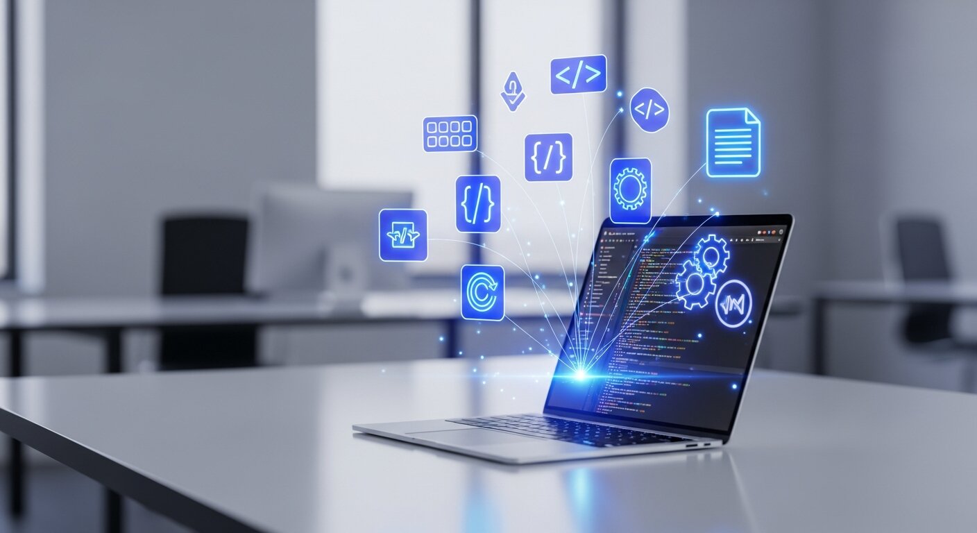 Technical workflow of text expansion software with shortcut and automation icons.