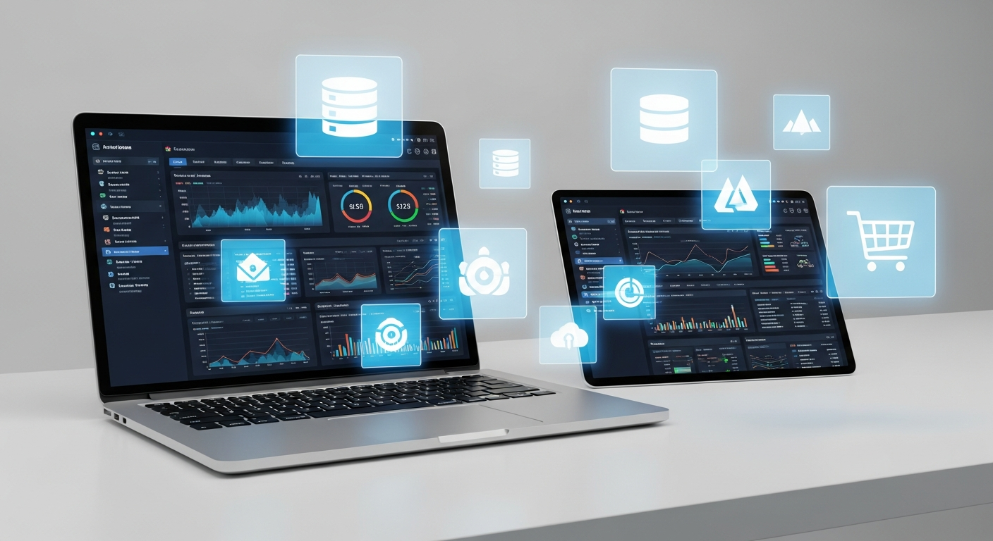 E-commerce data management tools with dashboards, charts, and cloud icons.