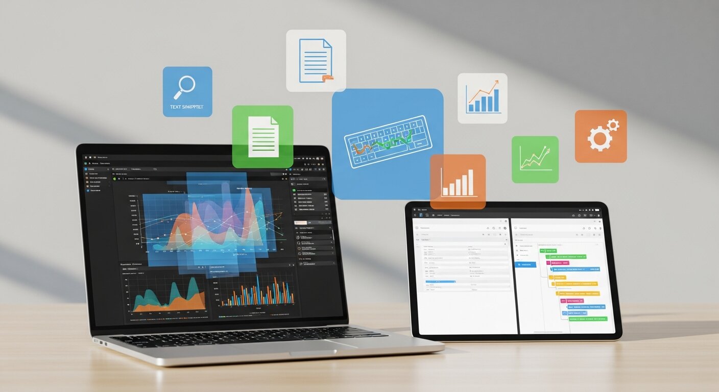Comparison of popular text expansion software with devices and icons.
