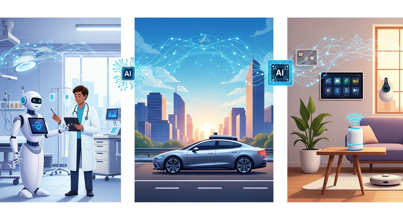 AI applications in healthcare, autonomous vehicles, and smart homes.