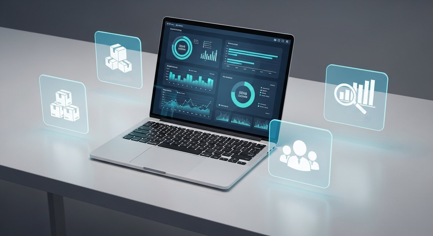 Optimizing e-commerce data with charts, graphs, and digital icons.