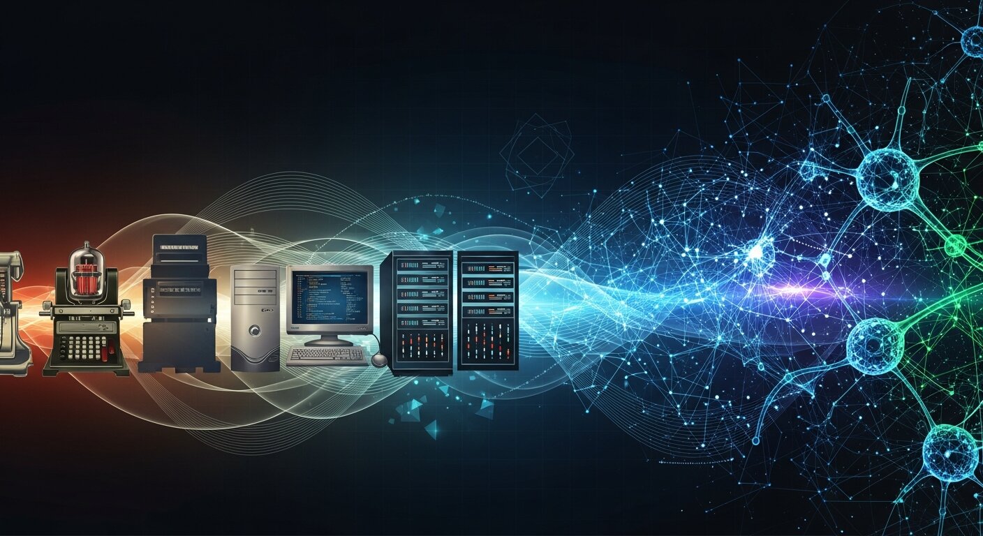 Timeline of AI development from early computers to modern neural networks.