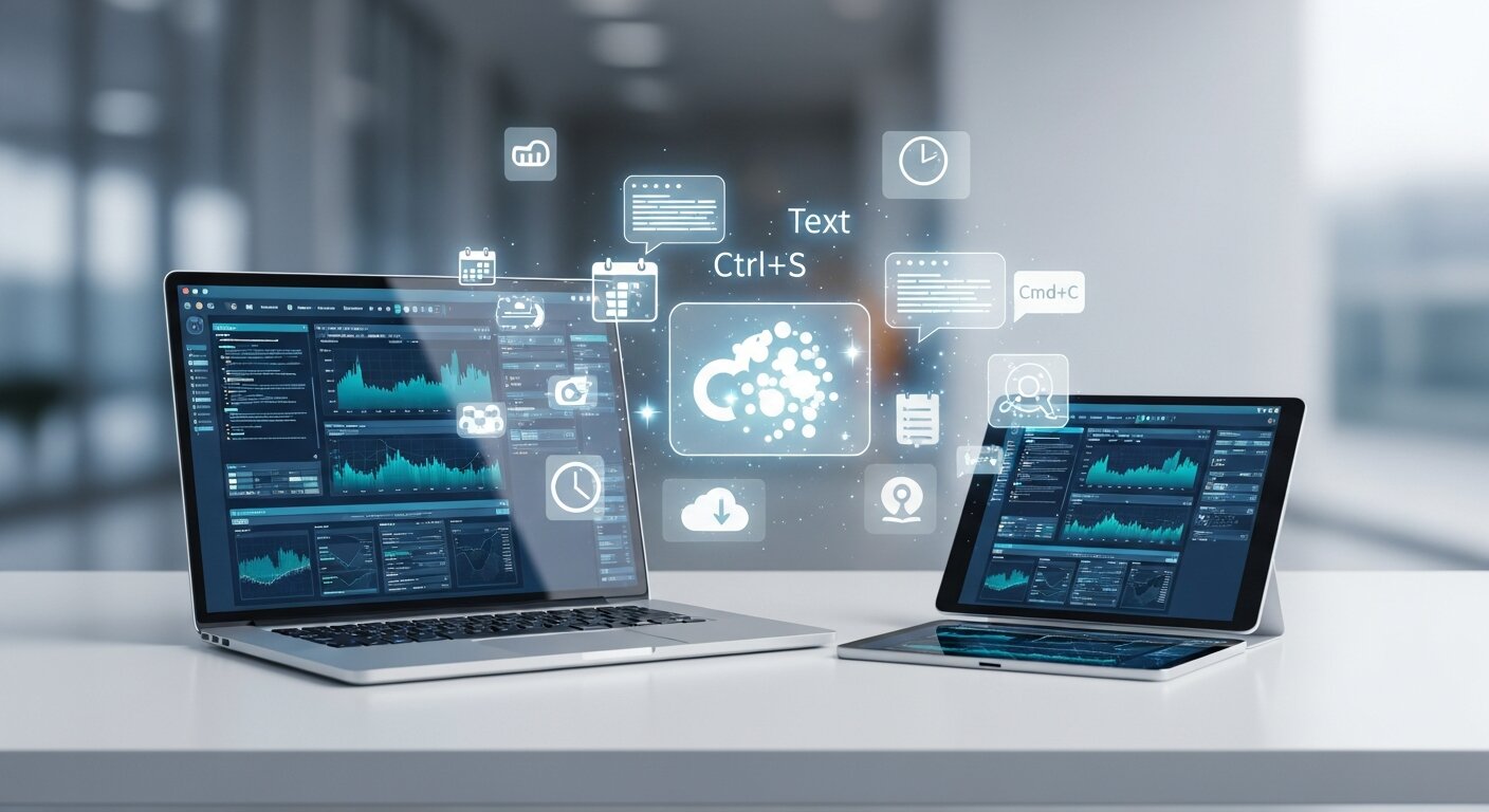 Laptop with top text expander tools and productivity icons.