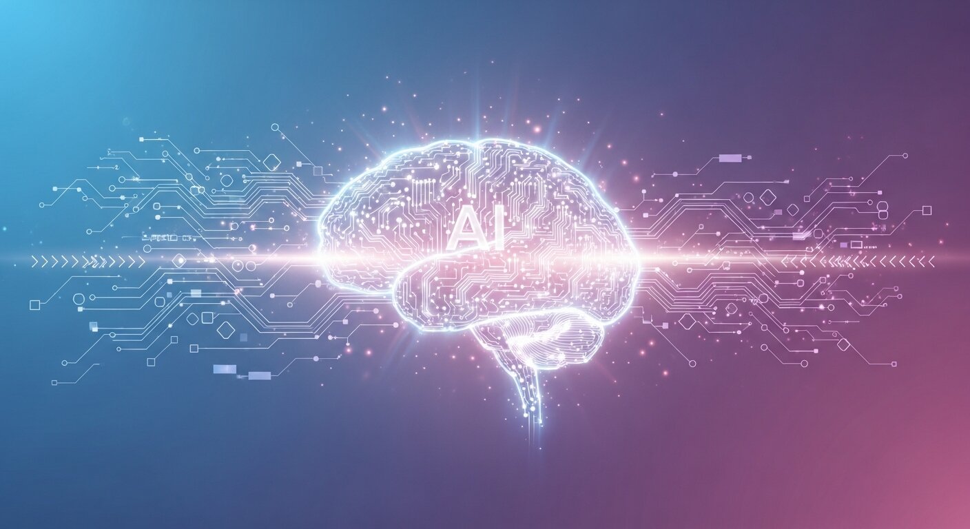 Glowing AI brain with digital connections.