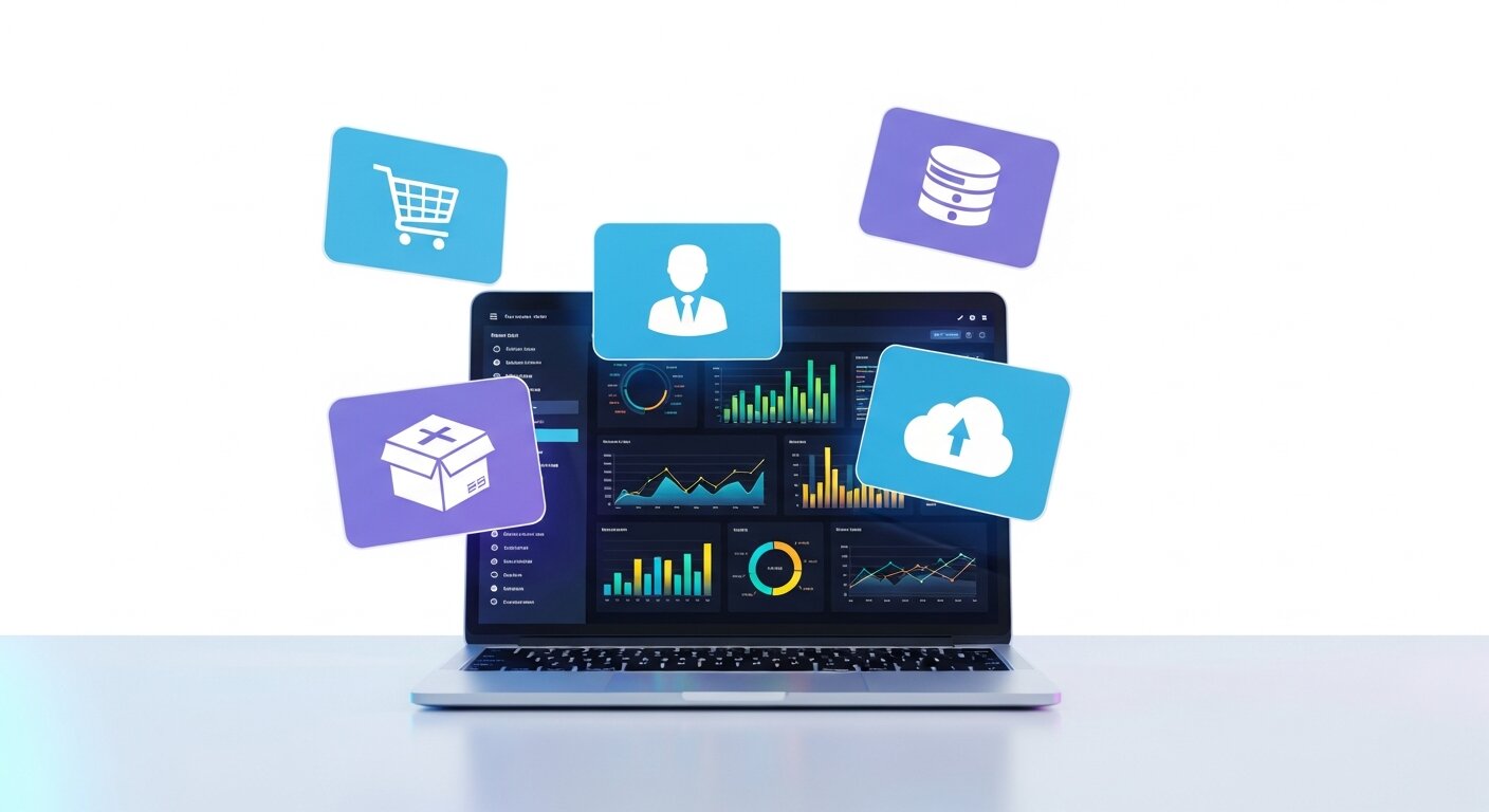 E-commerce data analytics on a laptop with digital icons.