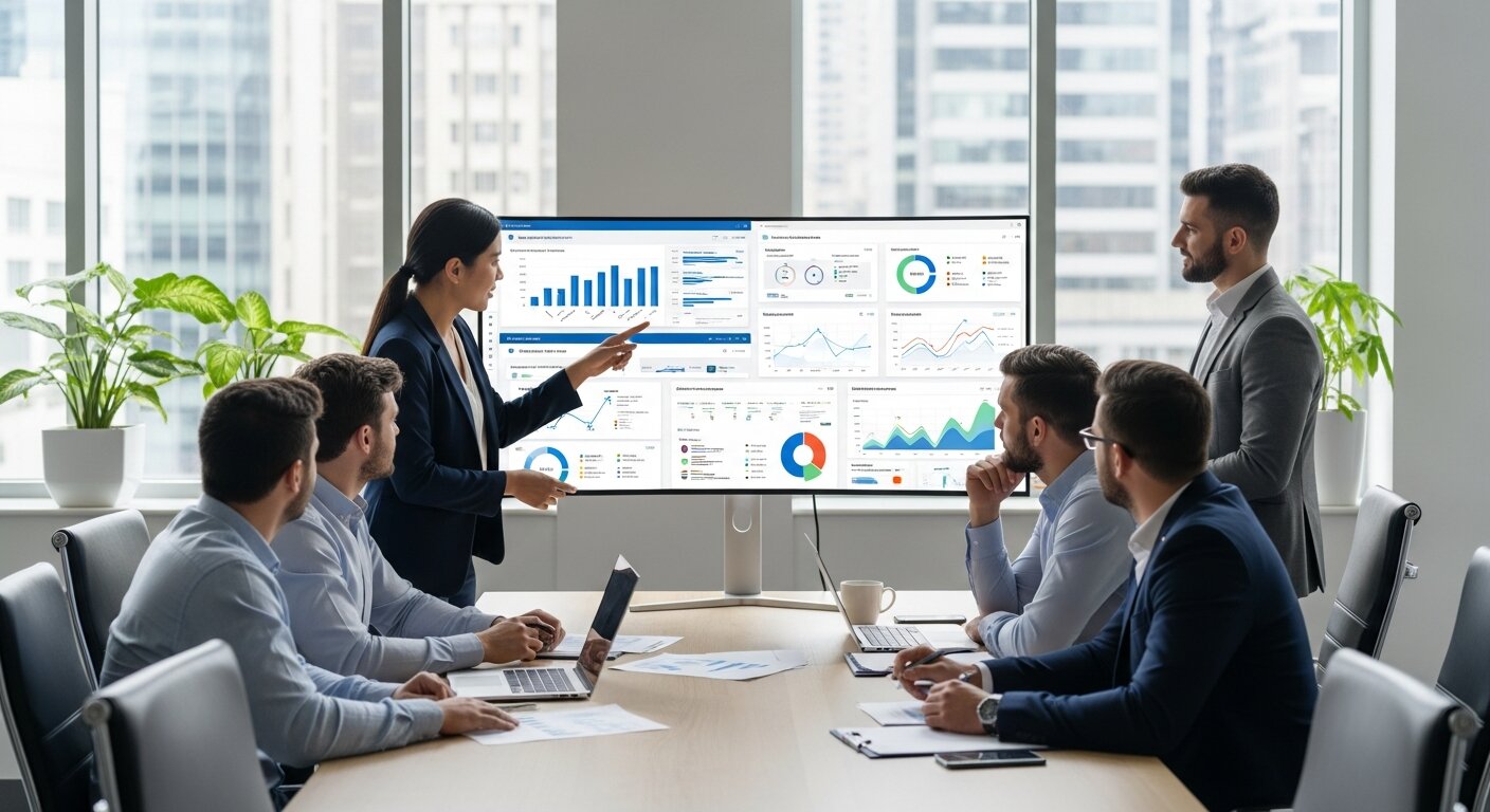 Team reviewing optimized CRM processes and data insights.