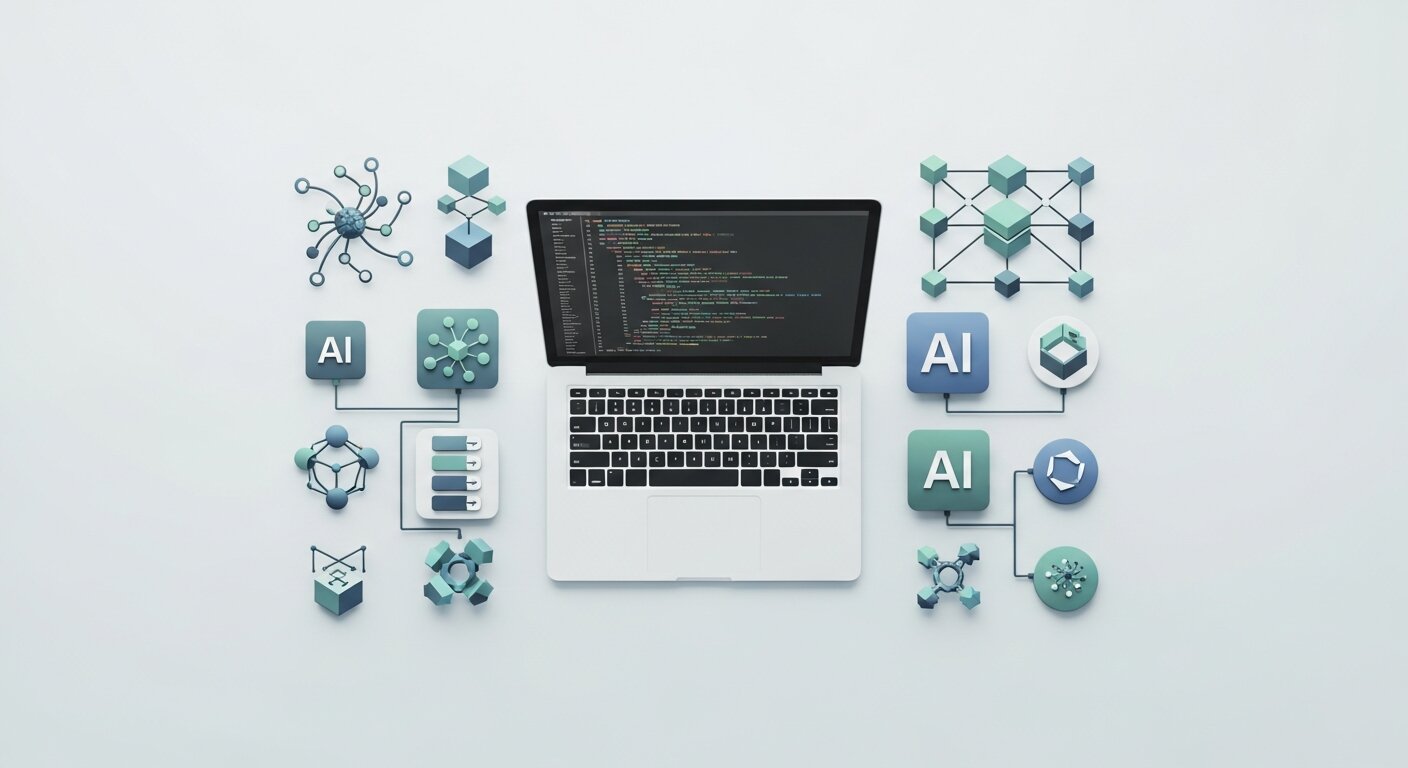 Flat lay of a laptop and icons representing AI development tools.