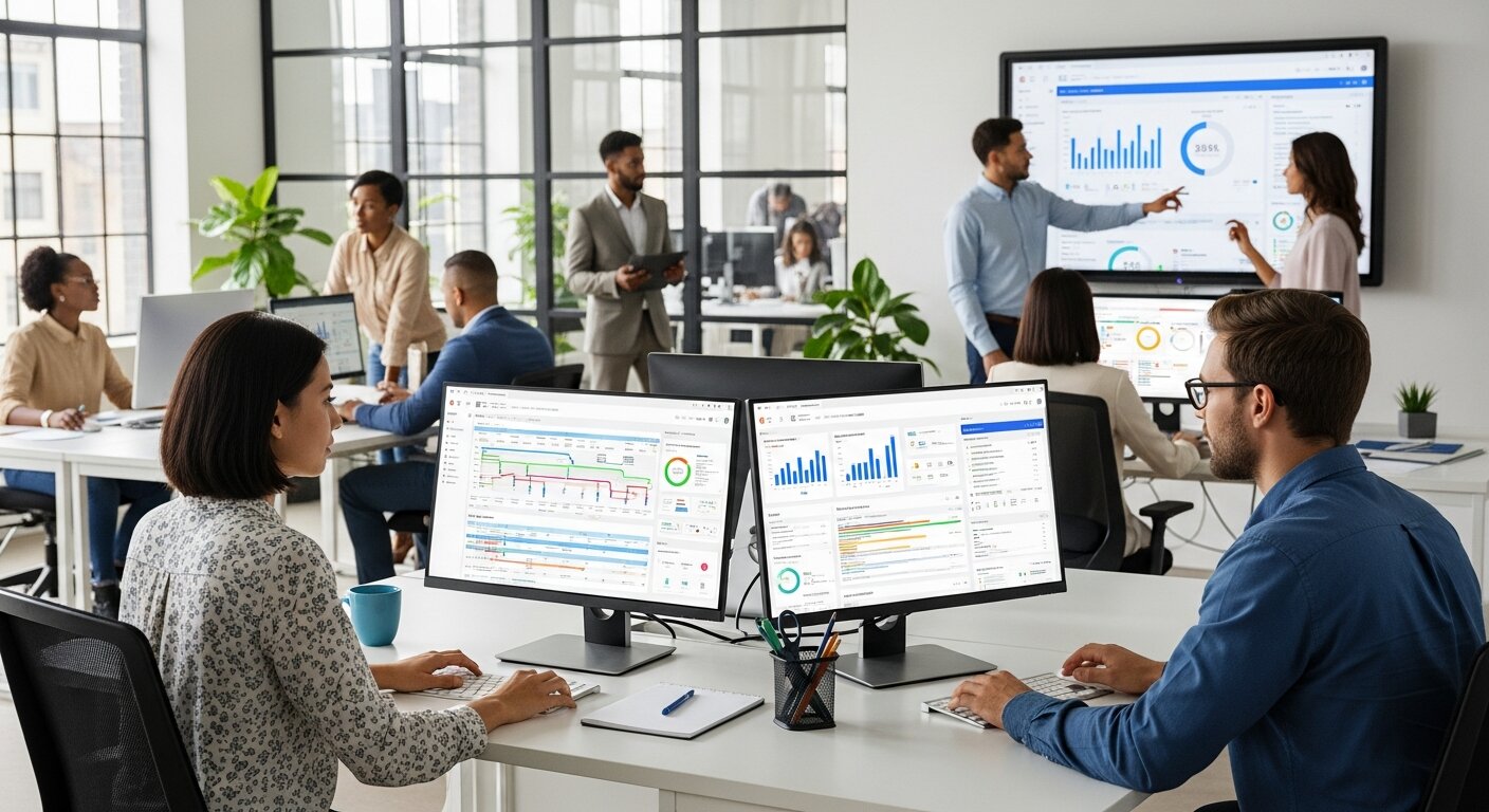 Team using data-driven CRM dashboards in an office.