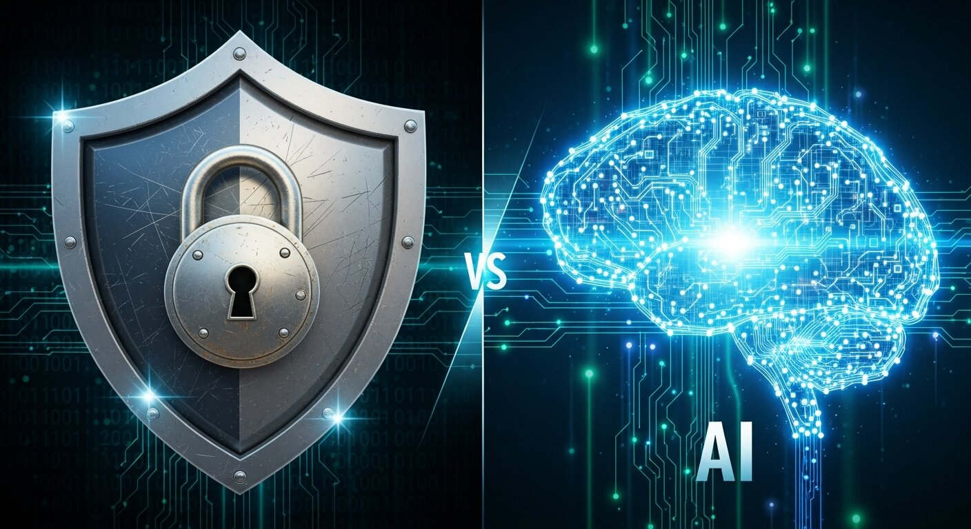 Split illustration comparing cybersecurity and AI concepts.