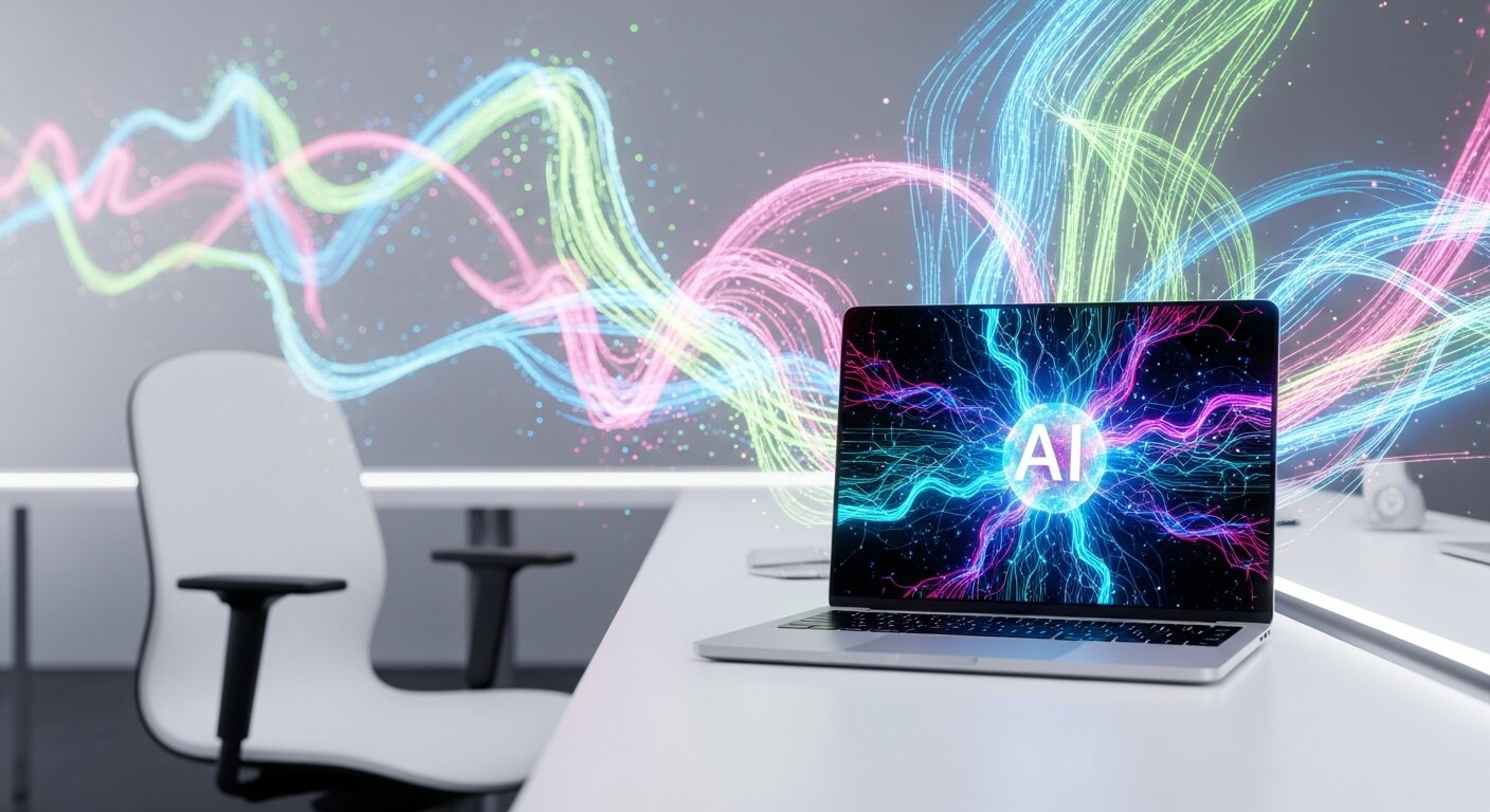 Laptop with AI visuals and glowing data streams representing accessible AI