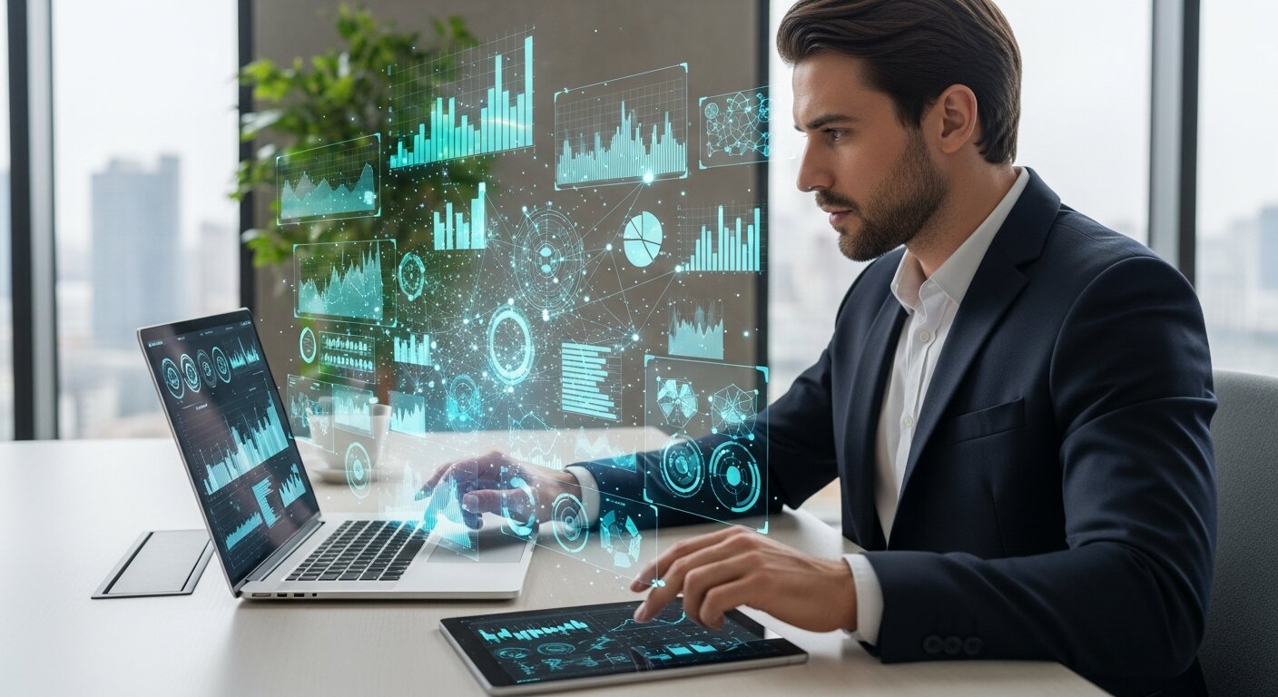 Professional reviewing data-driven insights on multiple devices.