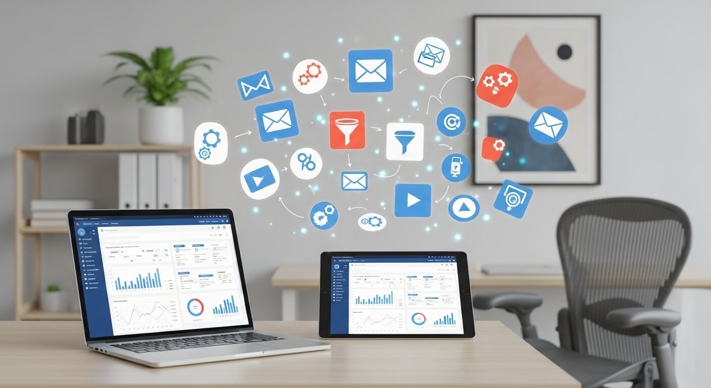 Laptop displaying email automation tools and dashboards.