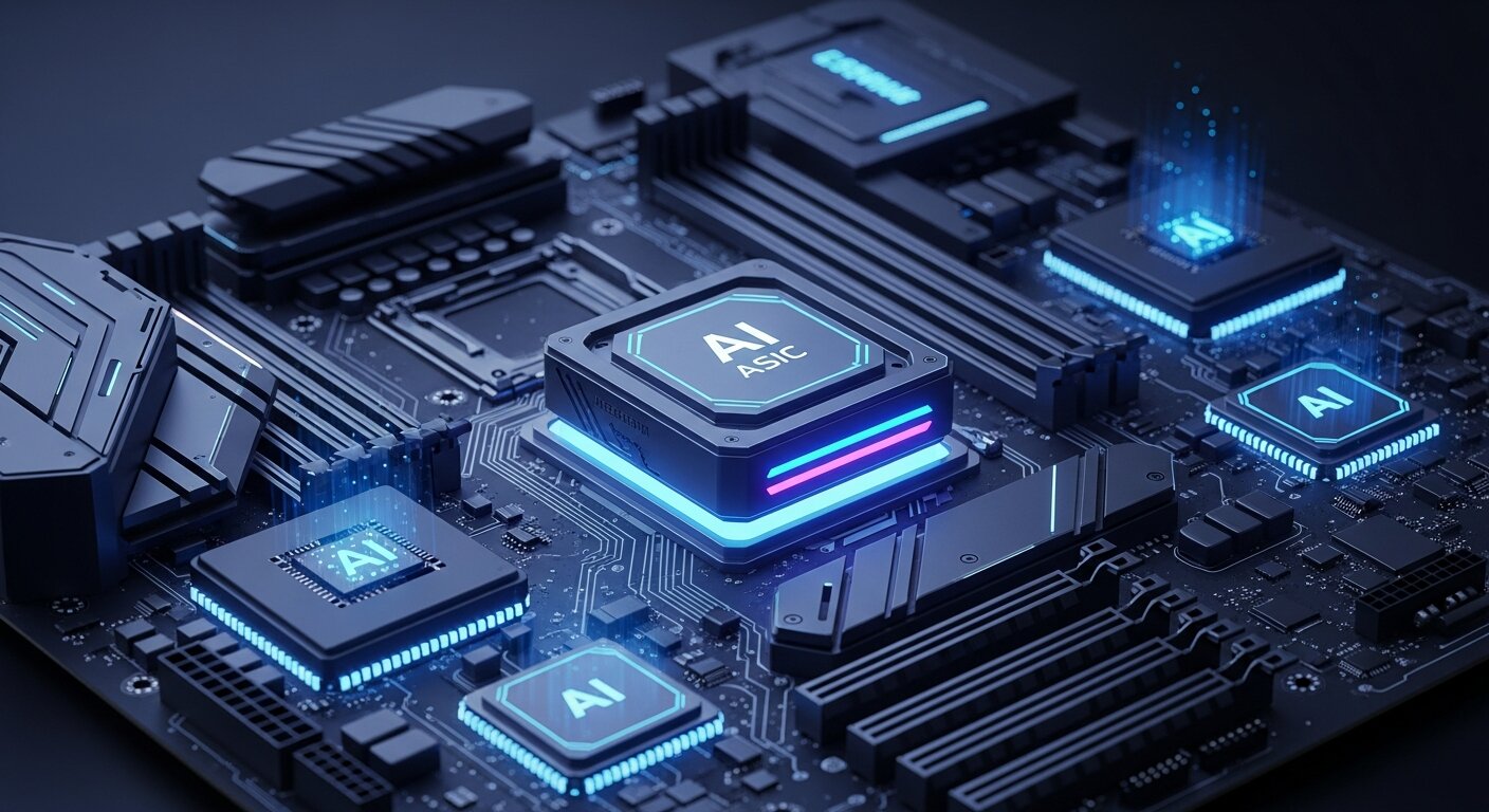 Futuristic circuit board with glowing AI hardware components.