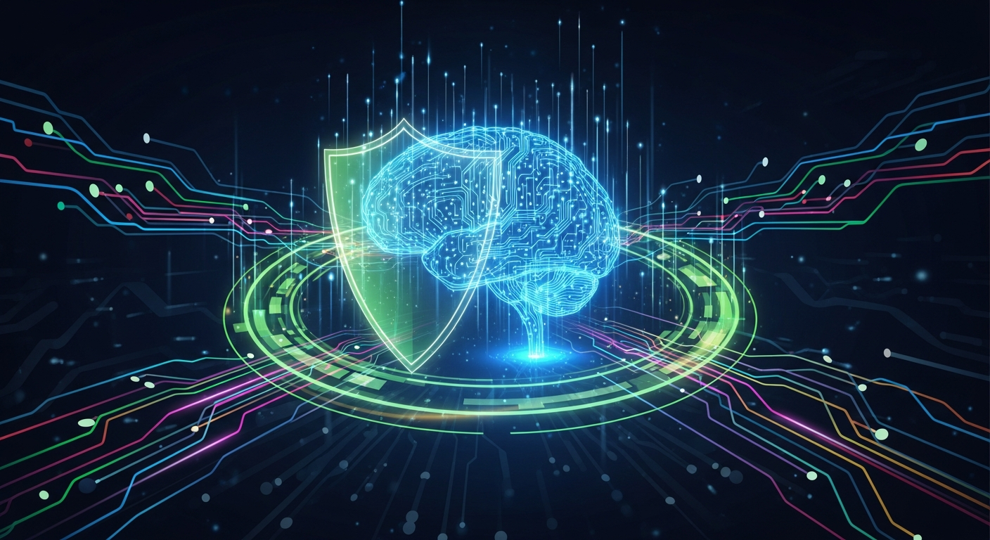 AI brain linked with a digital shield representing cybersecurity.