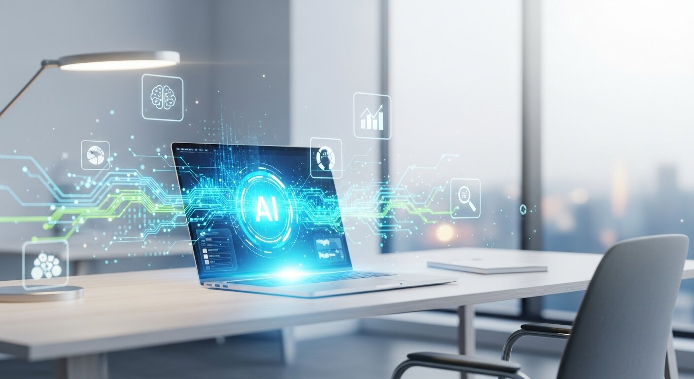 Laptop displaying AI interfaces with glowing data streams in a modern workspace
