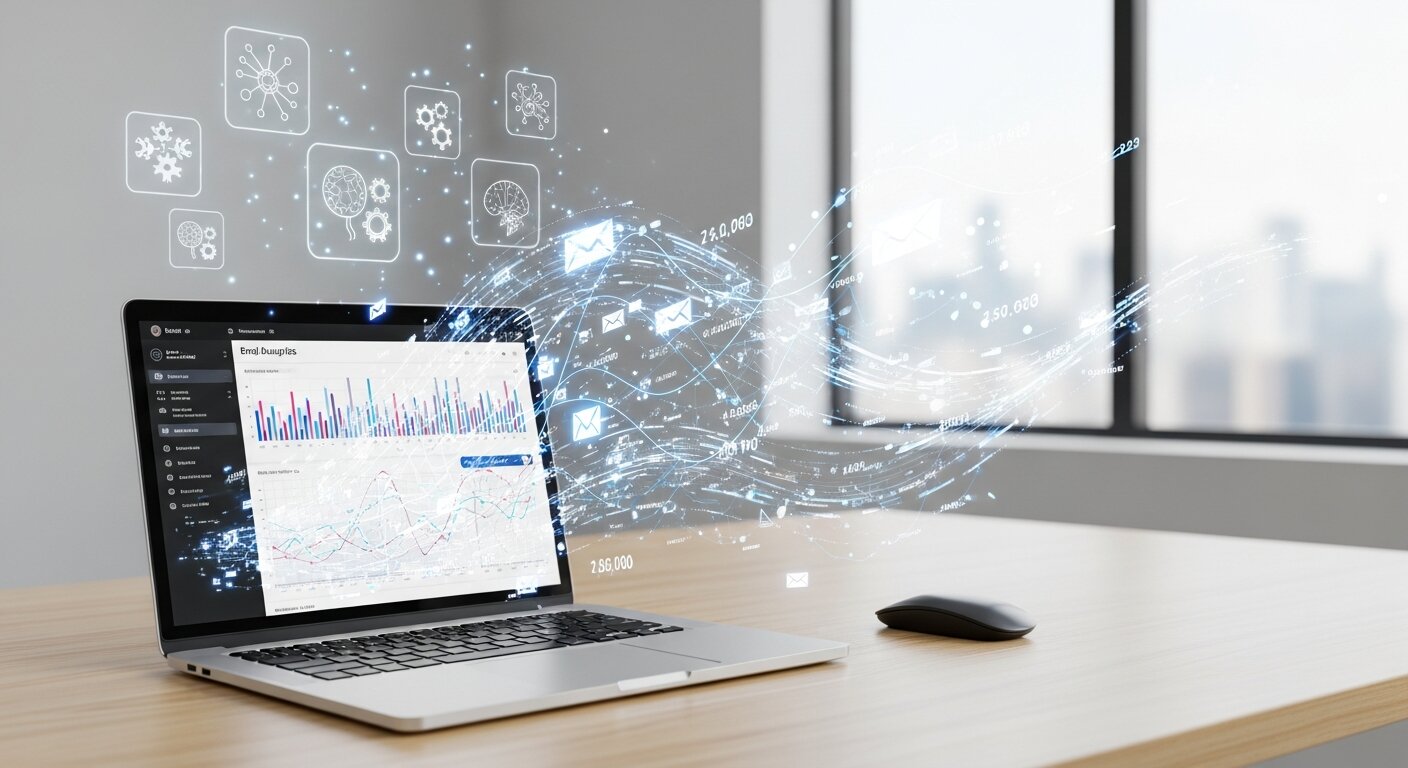 AI automating email data entry on a laptop.