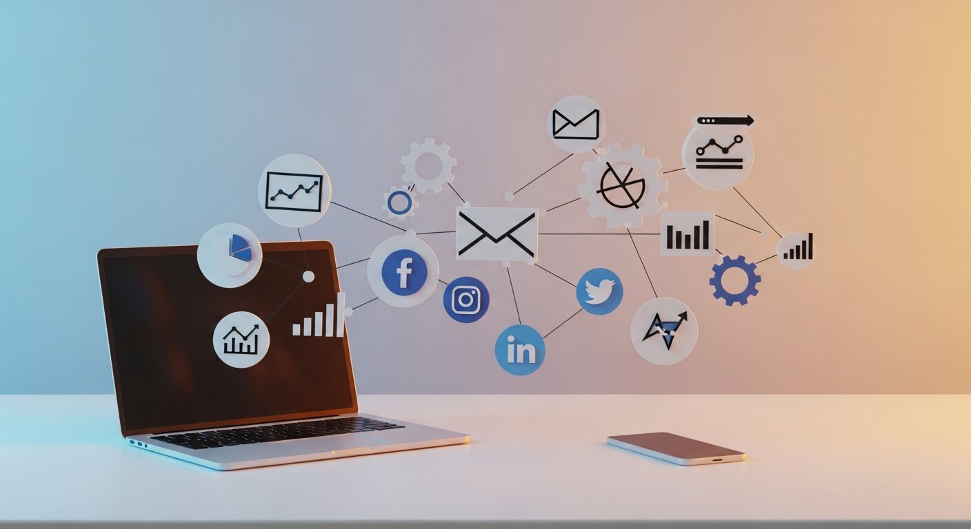 Devices with interconnected marketing automation icons.