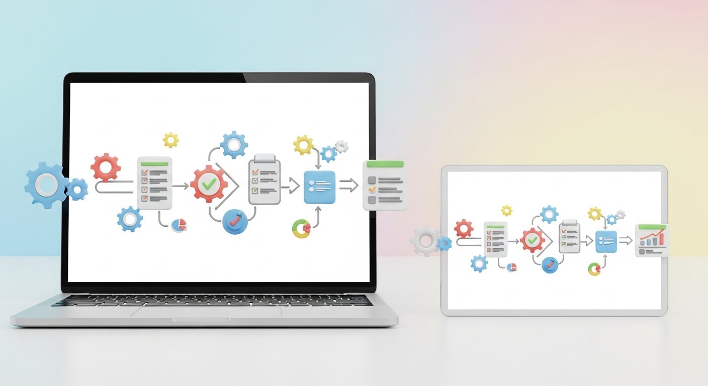 Step-by-step business automation workflow icons.