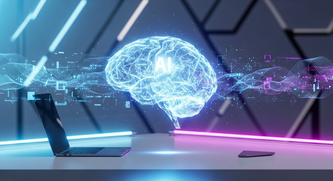 Glowing AI brain hologram above a laptop, representing smarter AI development.