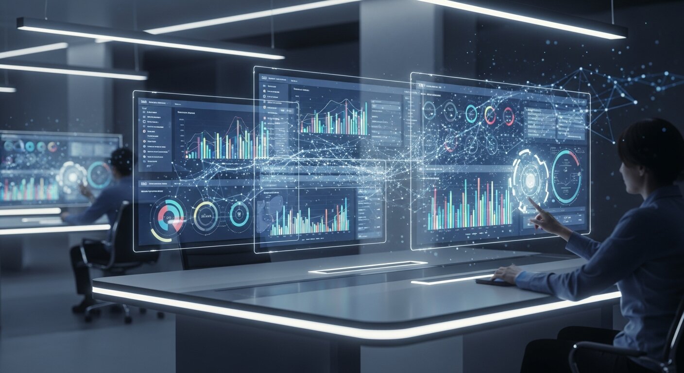 Futuristic CRM data entry and dashboards.