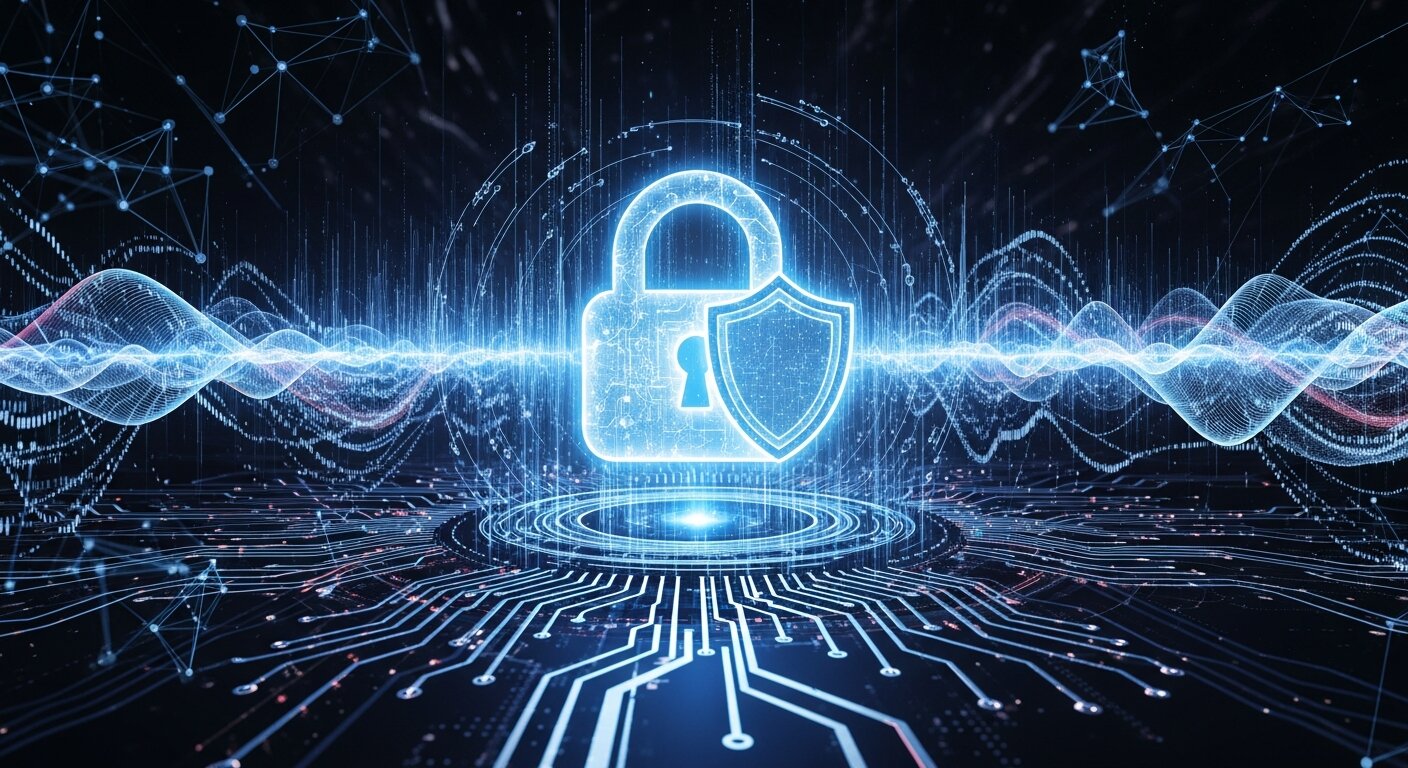 Digital lock and AI circuits representing cybersecurity and AI.