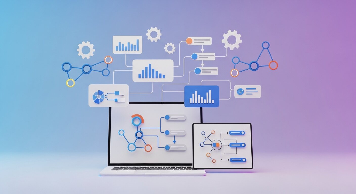 Laptop and tablet showing automated workflow diagrams.