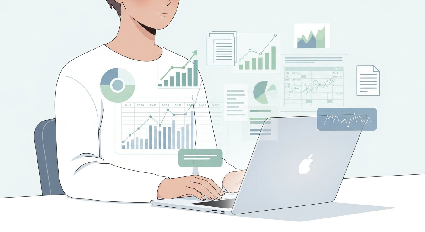 Data entry on a laptop with charts and documents.
