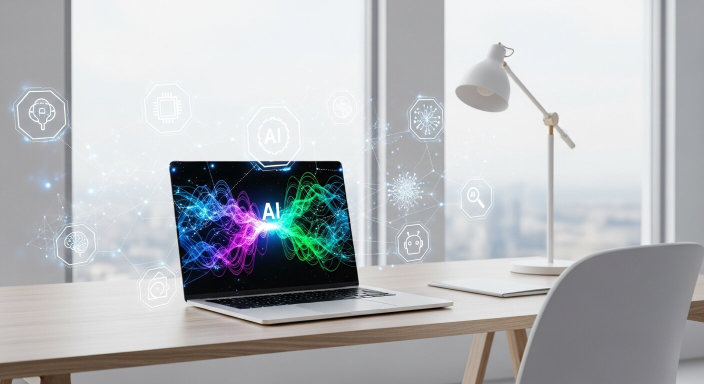 Laptop showing AI visuals with abstract data streams in a modern workspace