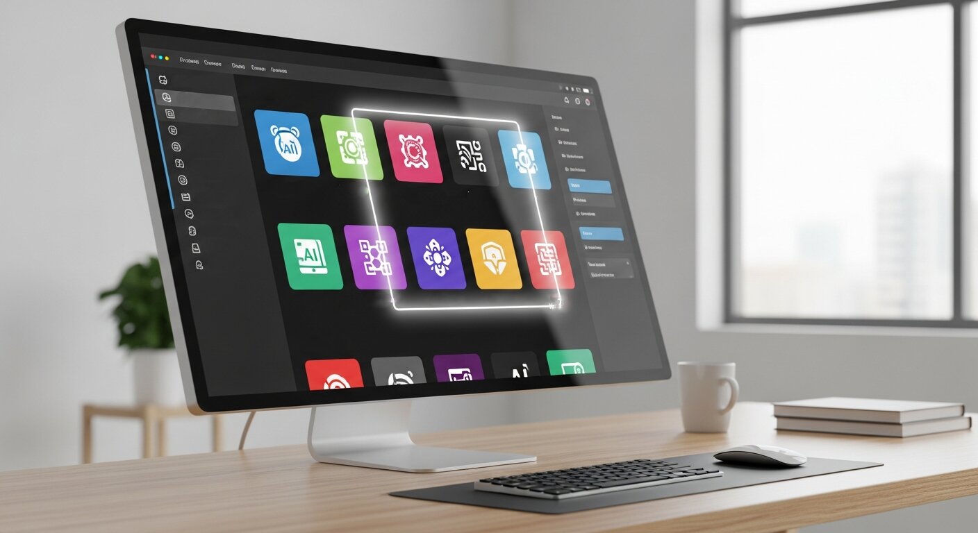 Workspace with AI tools on screens