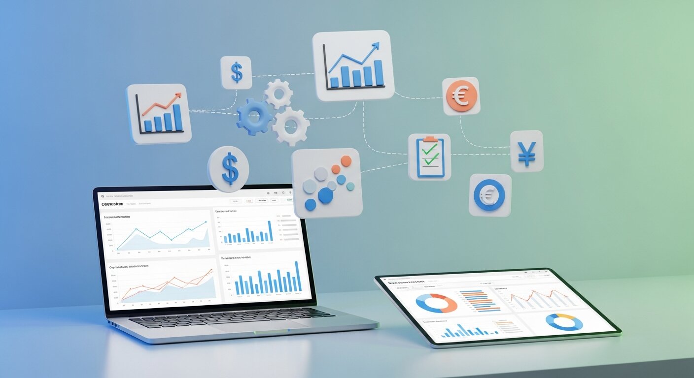 Financial and operational dashboards with automation icons.