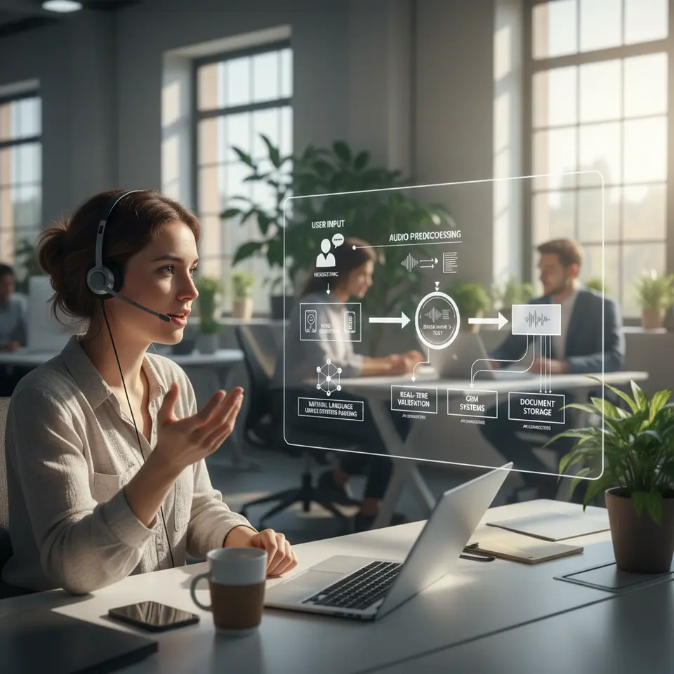 A detailed workflow diagram showing a user speaking into a headset or microphone, followed by audio preprocessing with noise reduction filters, automatic speech recognition converting sound waves to text, natural language understanding parsing context and entities, real-time validation against business rules, and final routing of clean data into ERP, CRM, or document storage systems via API connectors.