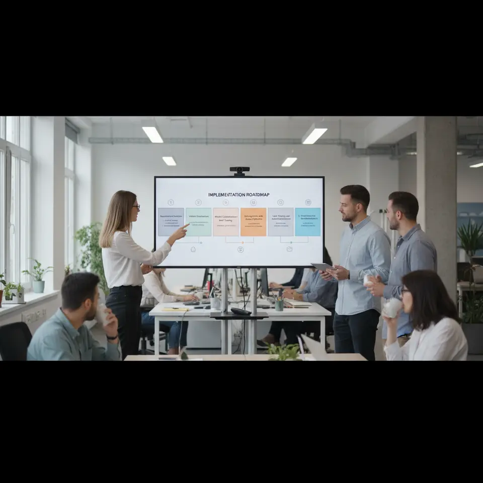 An implementation roadmap infographic depicting seven clearly labeled phases: 1. Requirement Analysis (workflow mapping and environment assessment), 2. Vendor Evaluation (proof-of-concept trials), 3. Pilot Deployment (metrics gathering), 4. Model Customization and Training (industry-specific vocabularies), 5. Integration with Back-End Systems (API/RPA connectors), 6. User Training and Change Management (workshops and guides), and 7. Monitoring and Continuous Improvement (dashboards and feedback loops)