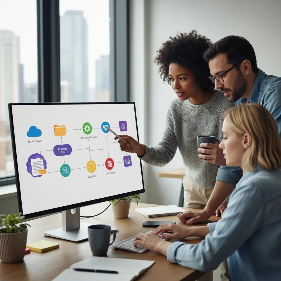 A colorful drag-and-drop no-code automation canvas: show an email or cloud-folder trigger icon feeding into an AI agent OCR module that extracts text from a scanned invoice, then flowing through data transformation and validation nodes, and finally routing records via connectors into ERP, CRM and analytics systems—complete with labeled arrows and module icons.