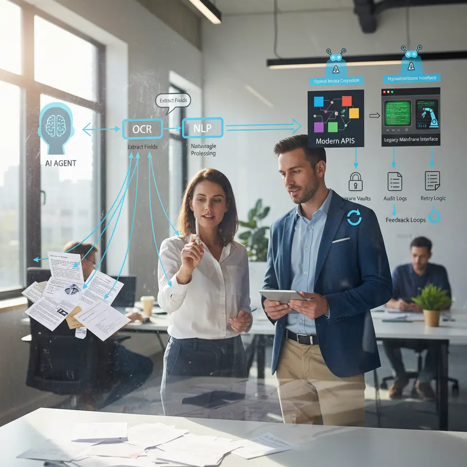A hybrid automation architecture diagram: depict an AI agent on the left ingesting unstructured documents (handwritten physician notes, contracts, invoices), applying OCR and NLP to extract fields, then handing off cleaned data to RPA bots on the right that enter information into both modern APIs and legacy mainframe interfaces—include icons for secure vaults, audit logs, retry logic, and feedback loops.