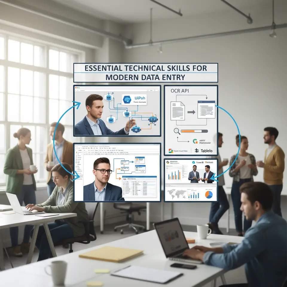 Infographic collage of essential technical skills for modern data entry: a professional user interface where a person configures RPA bots (UiPath/Power Automate icons), manipulates advanced Excel spreadsheets with visual VBA macro and Power Query flows, integrates OCR API pipelines converting scanned documents into editable text, and displays interactive dashboards in Power BI/Tableau—all arranged in distinct panels connected by arrows to show an end-to-end workflow.