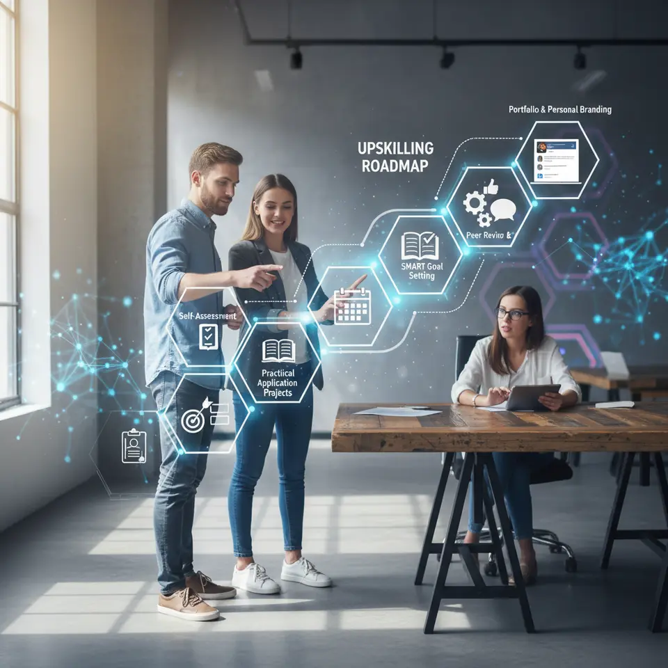 Dynamic upskilling roadmap illustration: a winding digital path with six clearly marked milestones—Self-Assessment (clipboard icon), SMART Goal Setting (target and checklist), Structured Learning Plan (calendar and book), Practical Application Projects (gear and code window), Peer Review & Feedback (speech bubbles and thumbs-up), Portfolio & Personal Branding (laptop showing a GitHub/LinkedIn page)—set against a modern tech background with subtle AI and automation motifs.