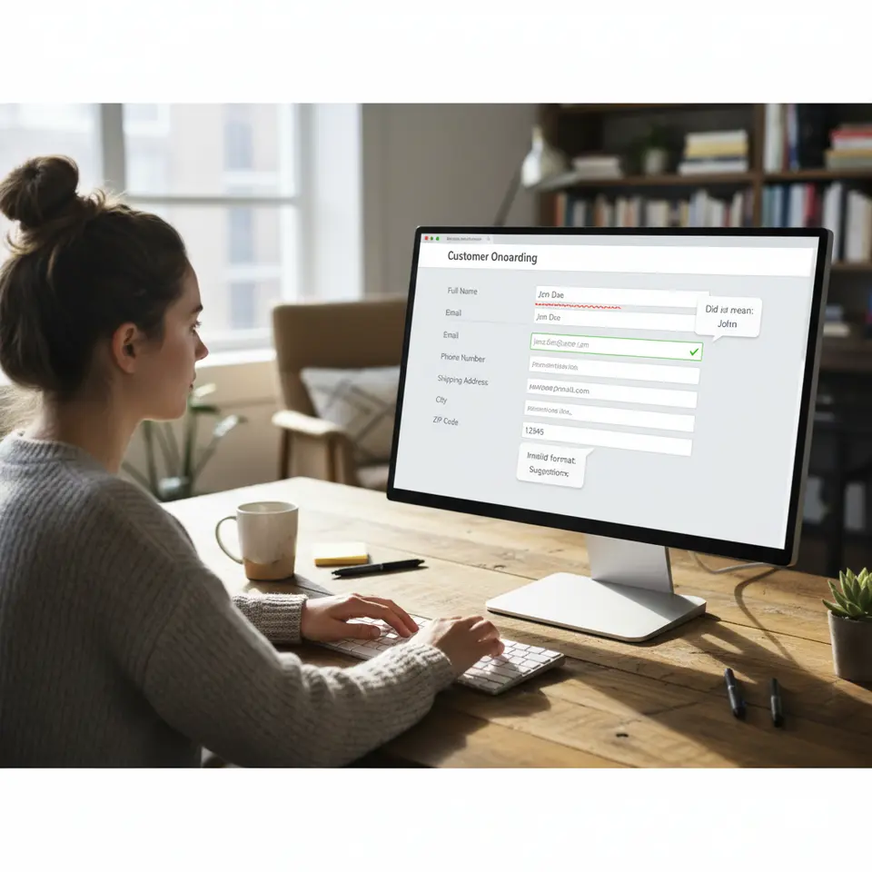 A dynamic data‐entry form with real-time feedback: a user typing customer information into fields, mistakes underlined in red, green checkmarks on valid entries, and contextual suggestion pop-ups offering auto-corrections (e.g., fixing ZIP code errors or name spellings) as they type.